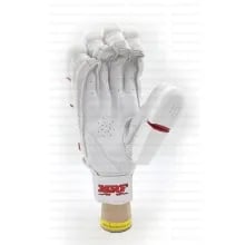 MRF Genius Grand batting gloves in white red split fingers MRF Genius Grand 2.0 batting gloves