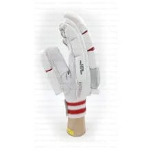 MRF Genius Grand batting gloves in white red split fingers MRF Genius Grand 2.0 batting gloves