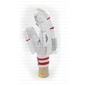 MRF Genius Grand batting gloves in white red split fingers MRF Genius Grand 2.0 batting gloves