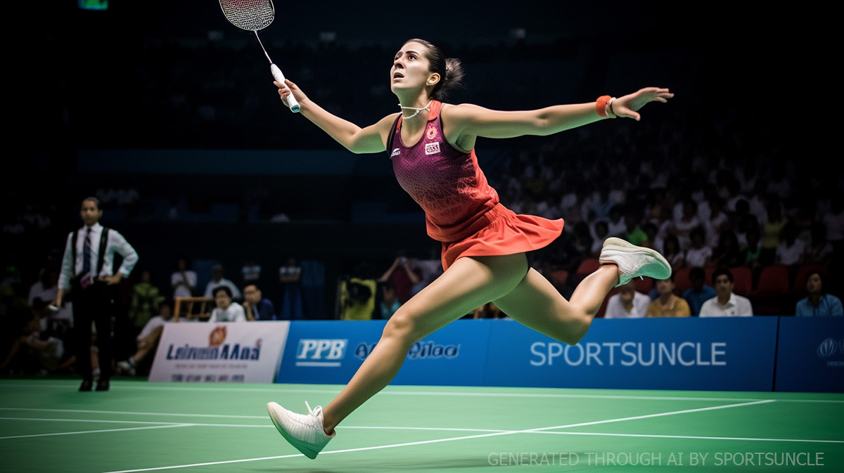 female player in skirt playing international badminton tournament with a budget racket