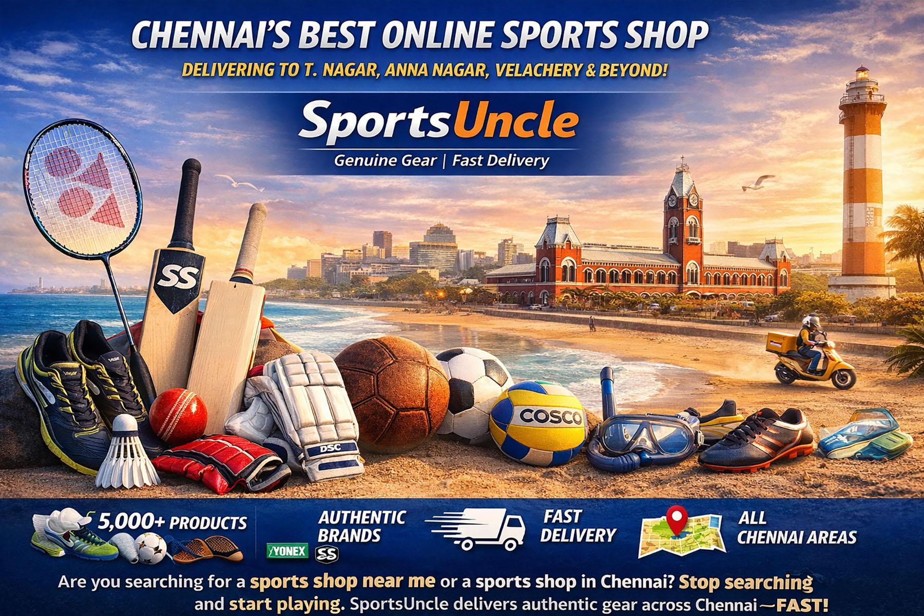 Sports shop near me in Chennai — delivering to T. Nagar, Anna Nagar, Velachery, Adyar, Mylapore and all Chennai areas