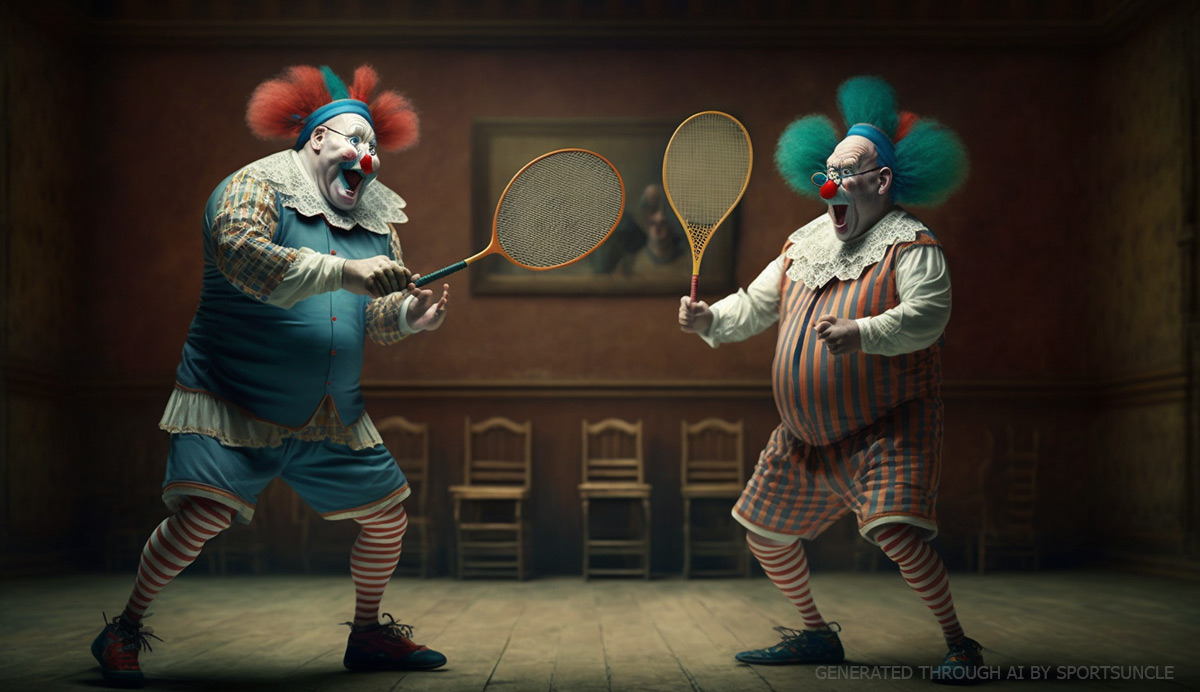 clowns playing badminton considering himself as professional player