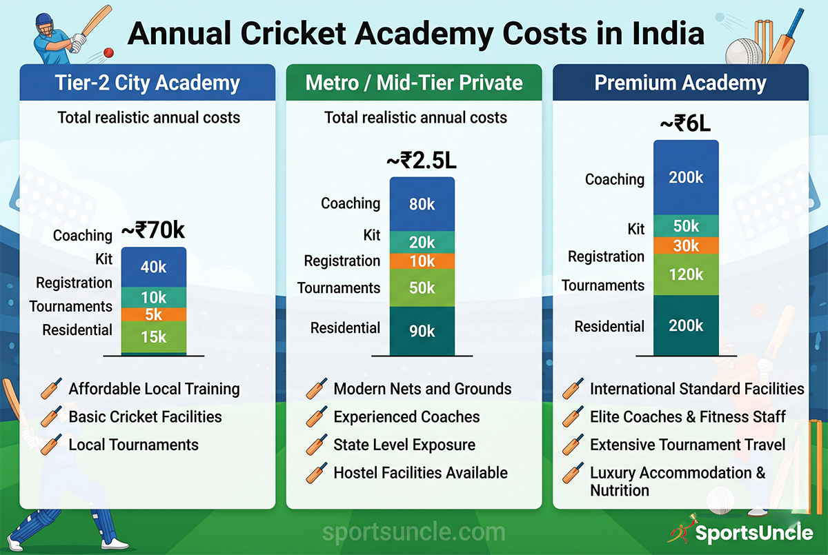 Cricket academy fees comparison India 2026 by tier
