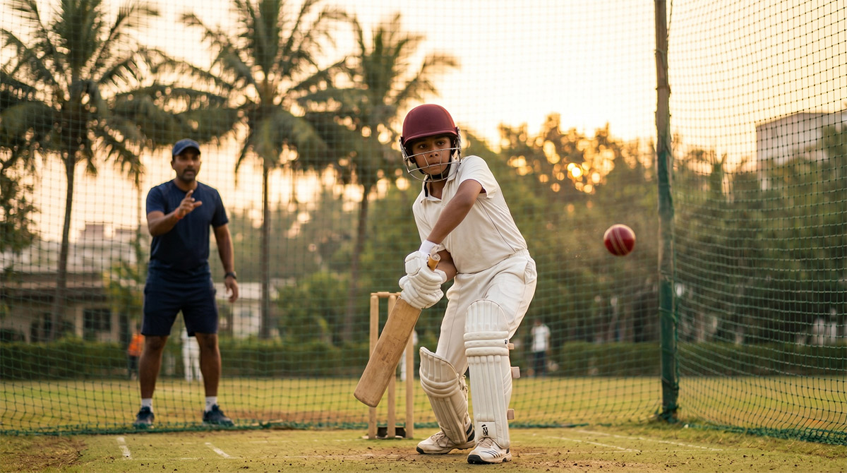 Young cricketer training at an Indian cricket academy turf net
