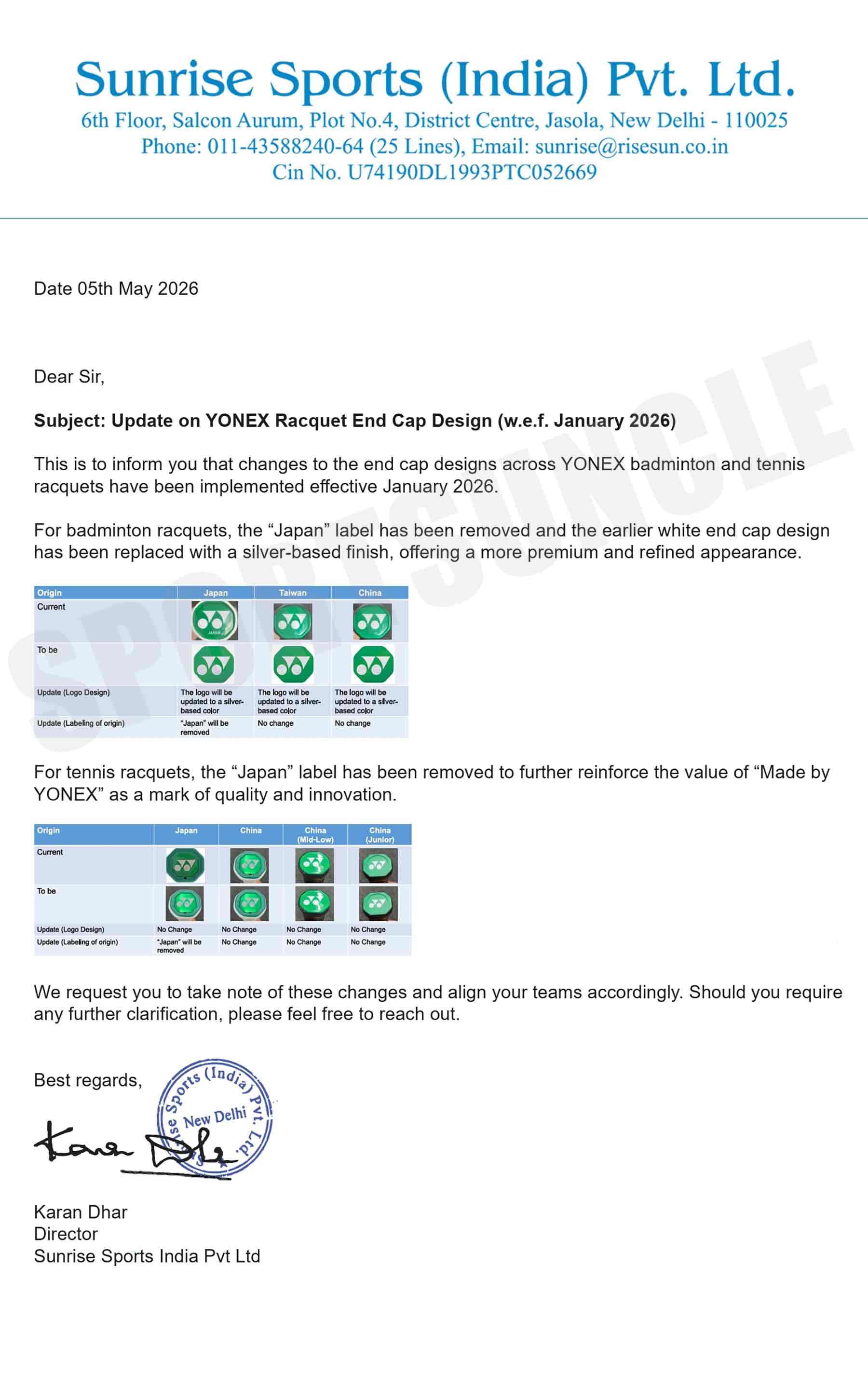 Sunrise Sports India letter dated 5 May 2026 confirming the Yonex racquet end cap design change effective January 2026, with a comparison table of Japan, Taiwan and China origin caps