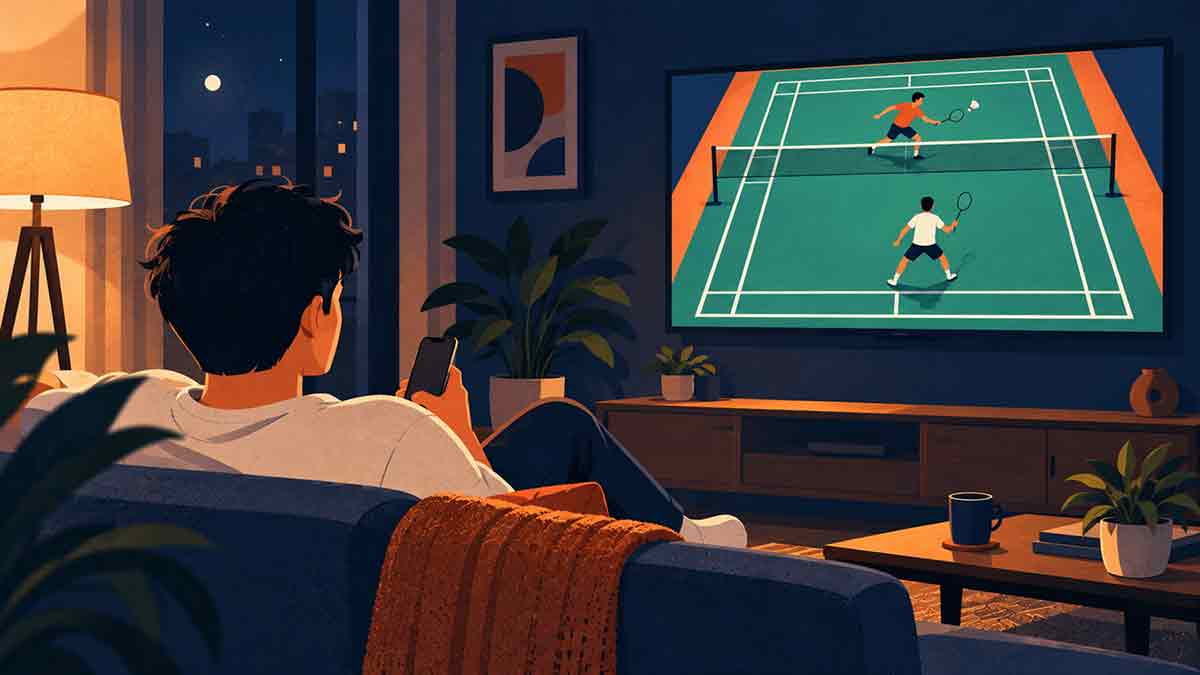 Watching an international badminton match on television at home in India