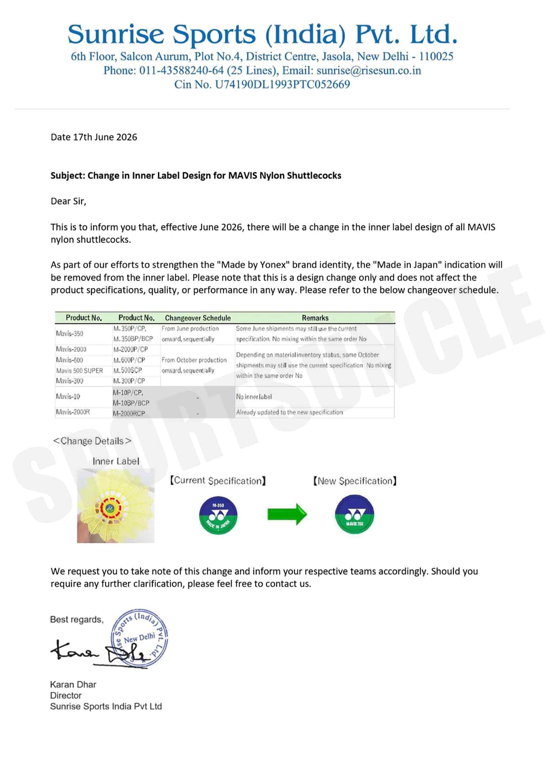 Sunrise Sports India letter dated 17 June 2026 confirming the change in inner label design for Mavis nylon shuttlecocks with model-wise changeover schedule