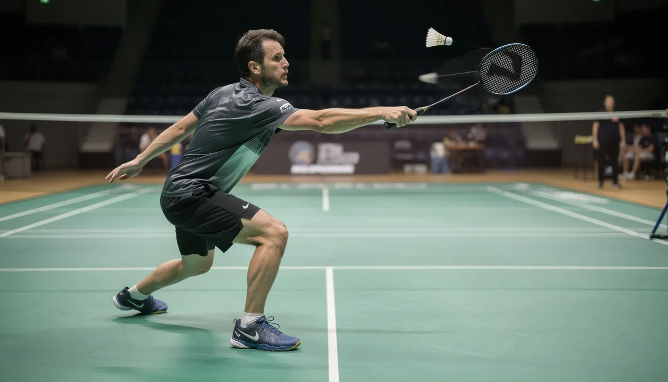 Professional badminton player mid-swing demonstrating stiff shaft technique