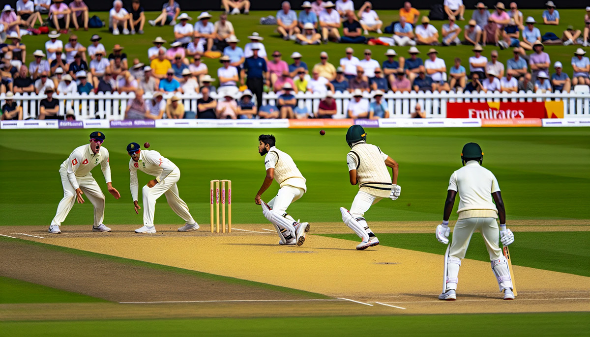 Test cricket pitch with players in action