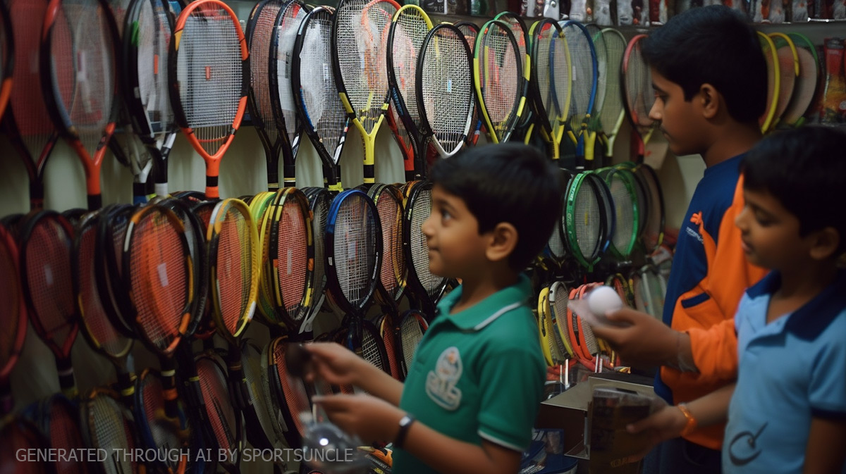 kids selecting rackets in a shop