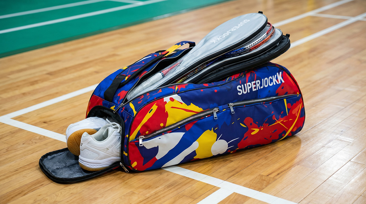 superjockk colorburst badminton kitbag on the floor