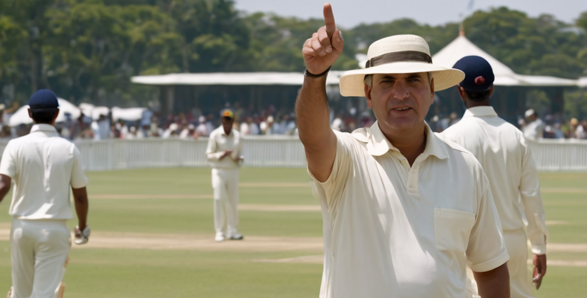 Cricket umpire in shirt pant raising finger to signal a dismissal