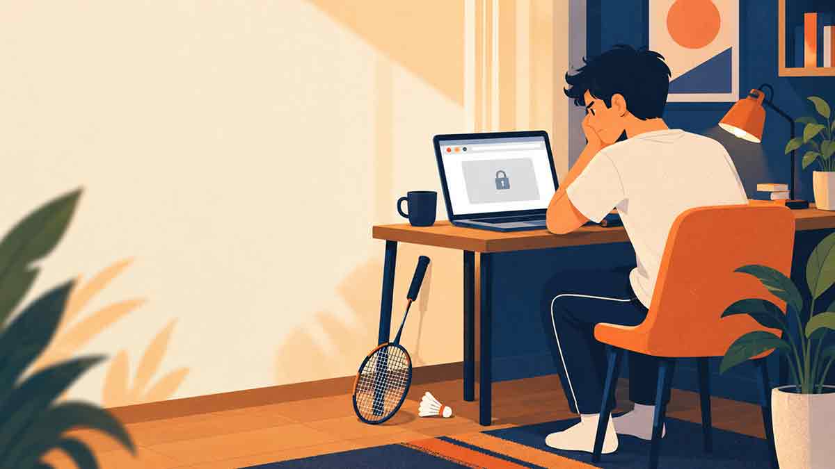 Person checking a badminton racket page that will not load on an Indian connection