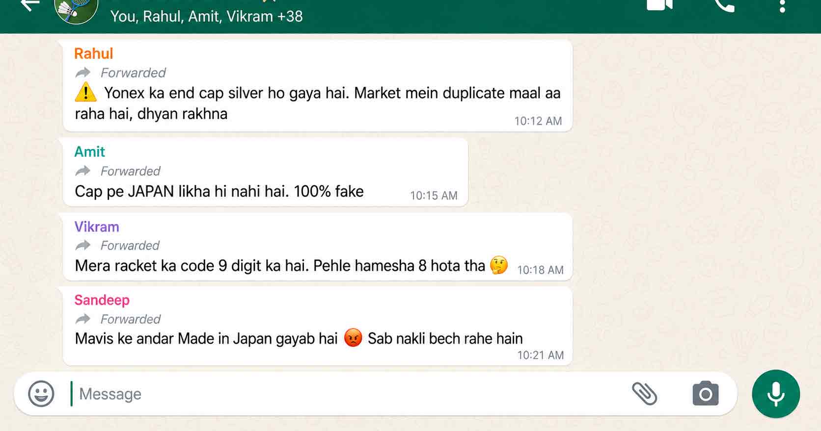 Illustration of WhatsApp messages claiming Yonex rackets with silver end caps and missing Japan text are fake