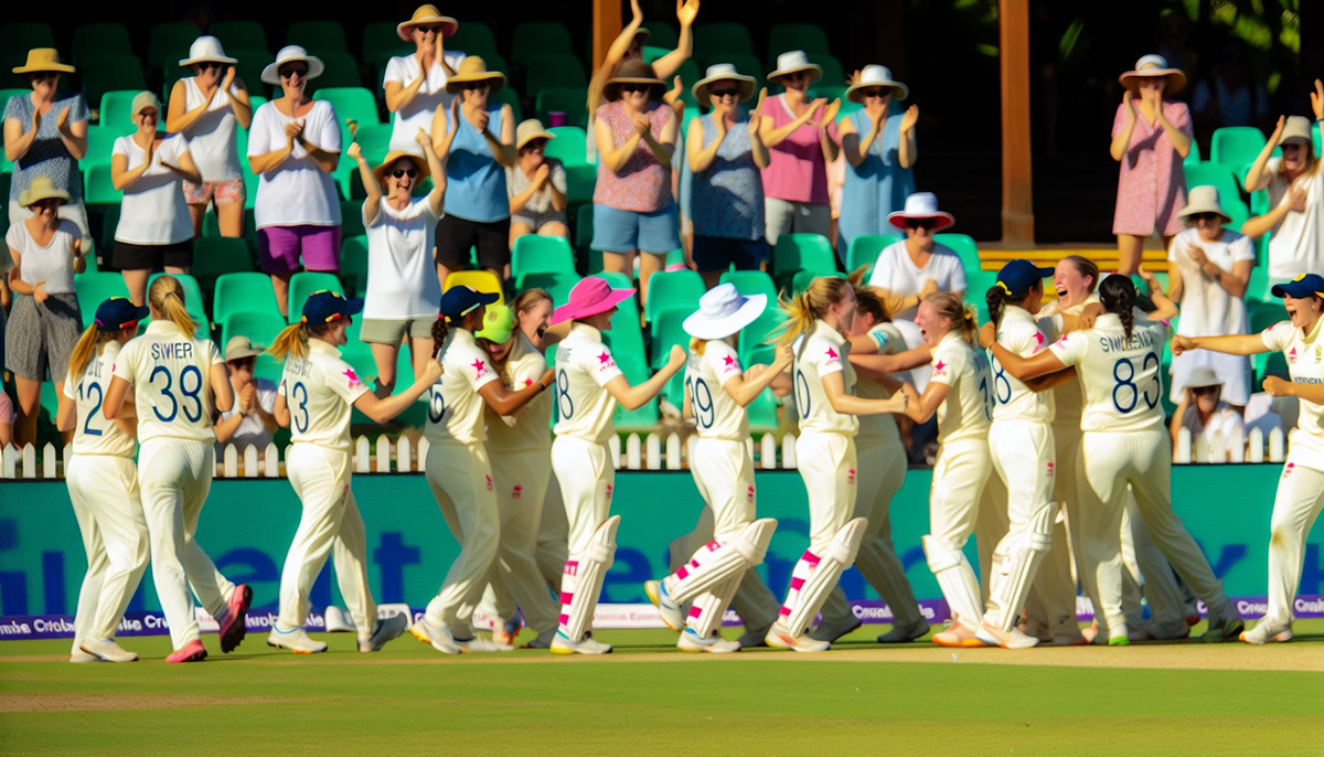 Cricket players celebrating a record-breaking innings