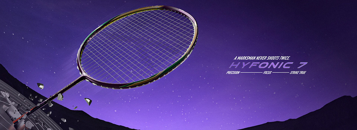 hyfonic 7 badminton racket on display on purple sky background