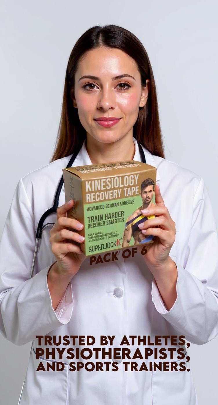 physiotherapists holding a pack of 6 superjockk kinesiology tapes